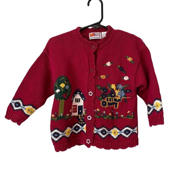 Vintage McKids Toddler Cardigan Sweater 24 Months Red Knit Farm Scene Ramie/Cott - Picture 1 of 7